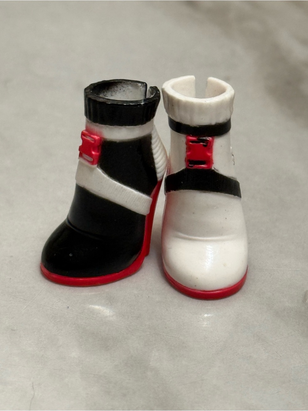 Doll Shoes Boots Pair Black White Red Plastic 2pc Single Unit Set Includes Shoes